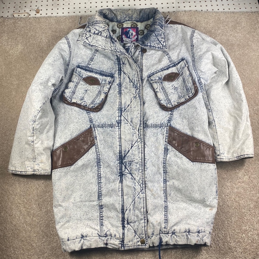 Vintage Rock Creek Acid Wash Denim Parka Jacket Brown Faux Leather Trim Mens M